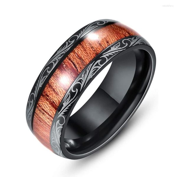 Anillos de boda clásicos de 8mm de titanio, acero inoxidable, madera de Koa para hombres y mujeres, patrón de flores único, regalos de joyería de compromiso