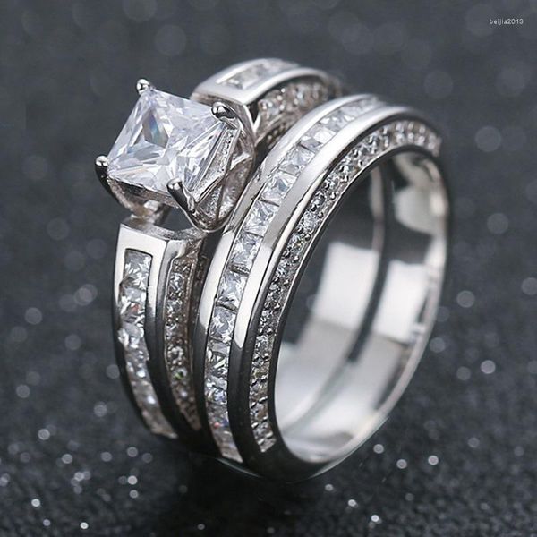 Anneaux de mariage classique grand Zircon blanc ensemble pour les femmes promesse de fiançailles amour cristal bague saint valentin cadeau bijoux