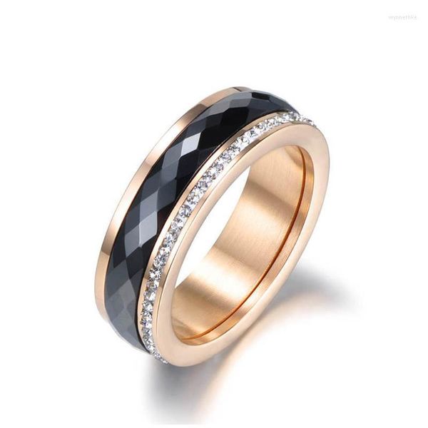 Anillos de boda Clásico Titanio Acero Negro Cerámica Joyería Color Oro Cubic Zirconia Anillo de compromiso para mujeres R18013 Wynn22