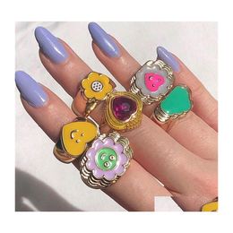 Anillos de boda Colorf Love Heart Anillos de boda para mujeres Dulce Girasol Goteo Aceite Esmalte Metal Anillo de dedo de oro Joyería de pareja 172 D3 Dh41O