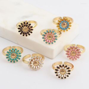 Trouwringen Kleurrijk email Sun Bloem Mooie stapel voor vrouwen Minimalistisch gouden open vriend Daisy Ring Gift