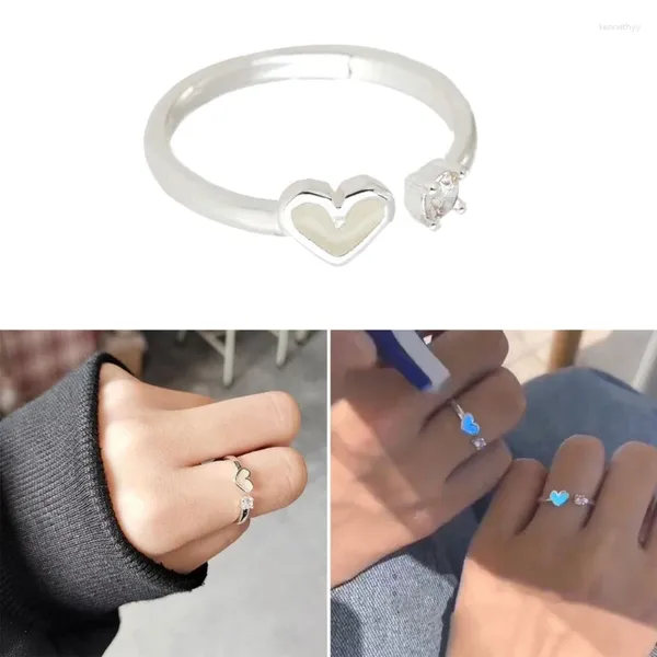 Anillos de boda pareja anillo luminoso hombres para mujeres de amor en forma de corazón ajustable brillo en azul oscuro regal de joyería de moda