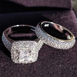 Wedding Rings Paar Princess Square Diamond Set Ring Europese en Amerikaanse mode Luxe verloving Sieraden voor vrouwen Maat 5-12
