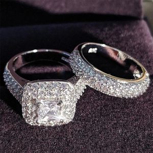 Wedding Rings Paar PRINCESS SQUARE DIAMAND SET Ring European en Amerikaanse mode Luxe verloving Sieraden voor vrouwen Maat 5-12 www