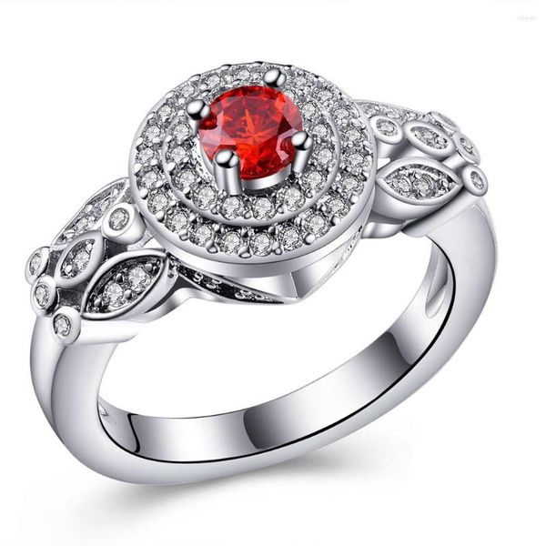 Anillos de boda creados con circonita cúbica roja plateada para mujer, joyería de piedra de regalo, anillo de compromiso de circón cúbico de princesa de lujo Vintage