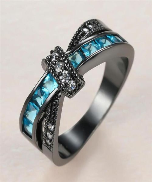 Anillos de boda Anillo cruzado creativo Aqua Blue Crystal Zircon para mujeres Joyería Vintage Moda Negro Oro Piedra Compromiso1321405