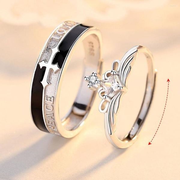 Anneaux De Mariage Croix Couronne Lettre Cuivre Plaqué Platine Réglable Couple Chevauchement Ouverture Doigt Bijoux En Gros