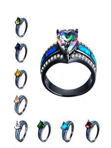 Wedding Rings Crystal vrouwelijke kleine regenboog hart ring blauw wit vuur opaal voor vrouwen vintage zwarte goud verloving7279576