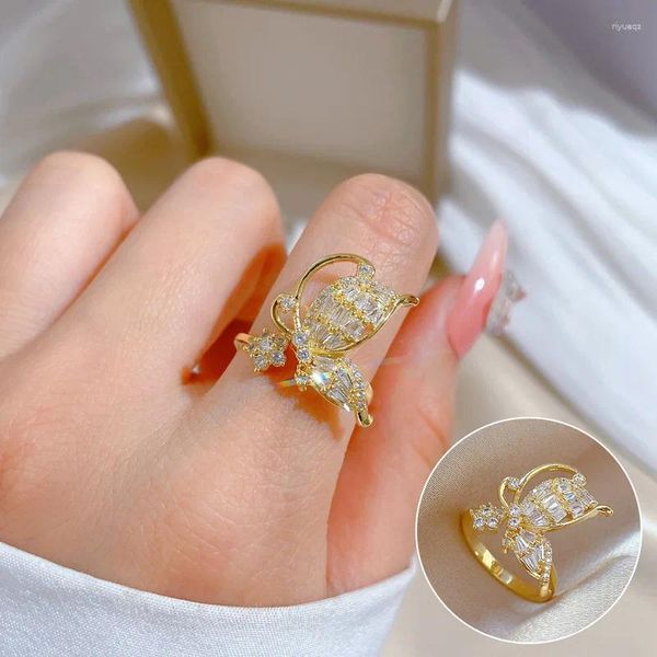 Anillos de boda de circón cúbico para mujer, mariposa abierta ajustable, anillo de dedo brillante de cobre, joyería de pareja de tendencia 2024