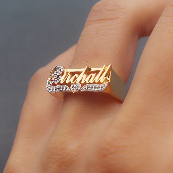 Anneaux de mariage personnalisé plaque signalétique nom anneau en acier inoxydable bijoux personnalisé 3D hommes y Anel Masculino cadeau de noël 231212