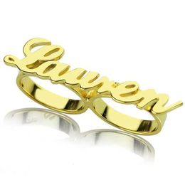 Trouwringen Aangepaste Naam Ring Gepersonaliseerde Rvs Aangepaste Naambord Twee Vinger Ring Mode-sieraden Voor Vrouwen Mannen 231219