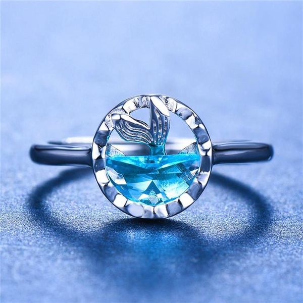 Anillos de boda lindo boho femenino 925 plata esterlina anillo ajustable cristal azul sirena dedo estilo único compromiso para mujeres235r
