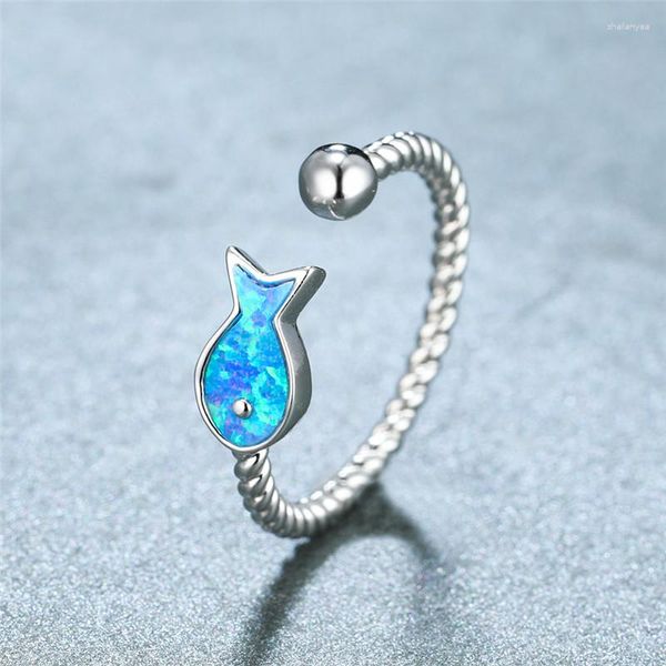 Anneaux de mariage mignon mariée petit poisson bague de fiançailles femme mode blanc bleu opale ouverture Vintage couleur argent pour les femmes