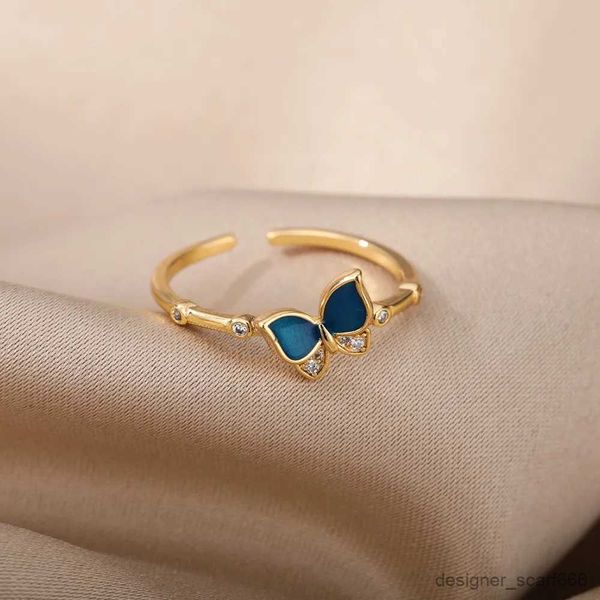 Anillos de boda Lindo colgante de mariposa Anillos abiertos para mujeres Azules de insecto Blue Anillo de dedo Joyería de boda R231016