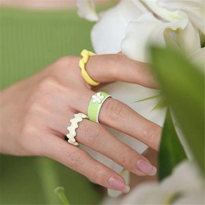 Trouwringen Leuke Daisy Bloem Voor Vrouwen Meisjes Open Manchet Groen Emaille Ring Koreaanse Stijl Sieraden Gift Y2K Accessoires