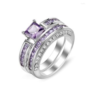Anneaux de mariage mignon femme grand violet Zircon anneau ensemble cristal blanc plaqué or bijoux de mariée promesse fiançailles pour les femmes