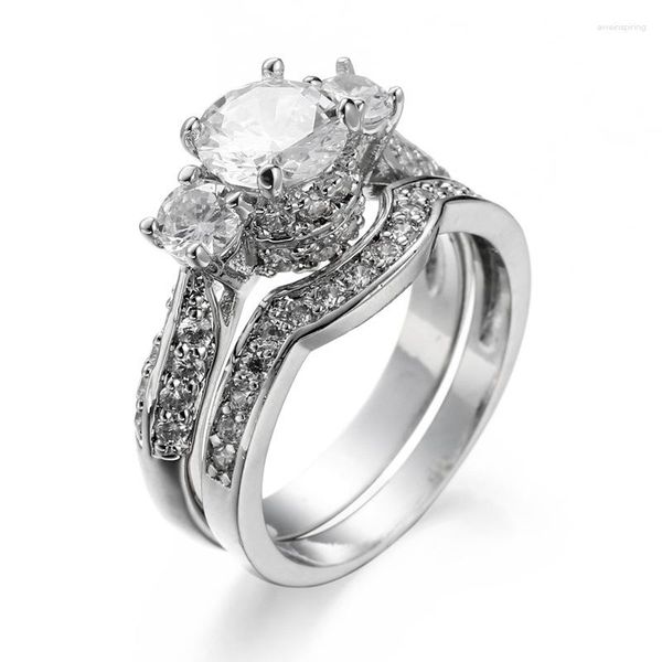 Anneaux de mariage mignon femme grand Zircon anneau ensemble cristal blanc plaqué or bijoux de mariée promesse fiançailles pour les femmes