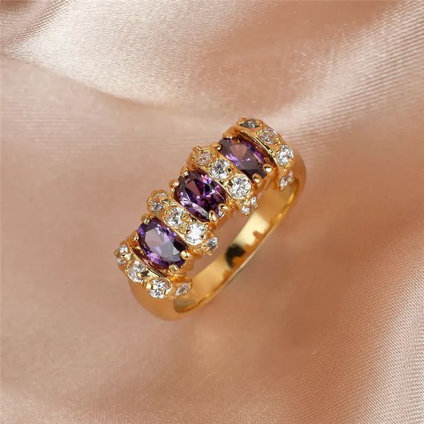 Обручальные кольца Симпатичные женские кристаллы с фиолетовым камнем Кольцо из желтого золота 18 карат Тонкие обручальные кольца для женщин Роскошное обручальное кольцо с овальным цирконом 230928
