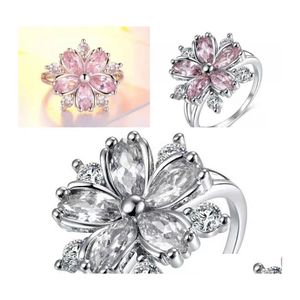 Trouwringen Leuke vrouwelijke roze kristallen trouwring Charm sier kleur dun een paar ringen voor vrouwen sierlijke bruid bloem zirkon engageme dhxst