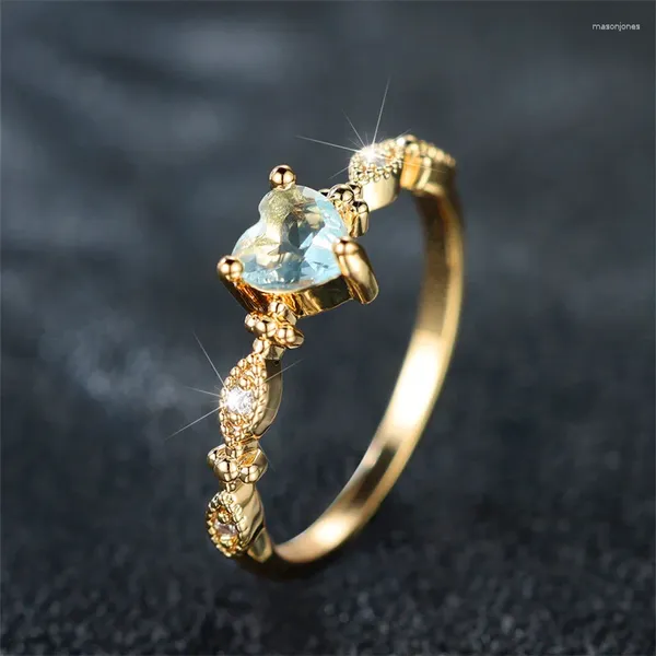 Anillos de boda lindo femenino agua azul circón anillo de piedra de moda amarillo color oro corazón compromiso para mujeres novia joyería regalo