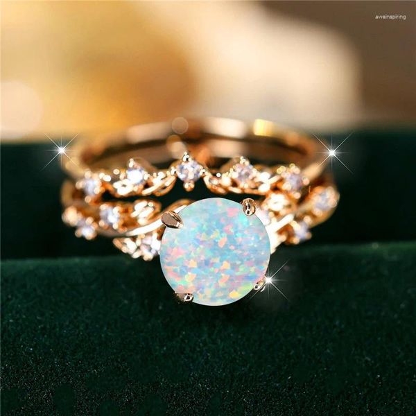 Bagues de mariage mignonnes femelles blanches Opale Stone de fiançailles Ring Set Gold Color Bijoux pour les femmes