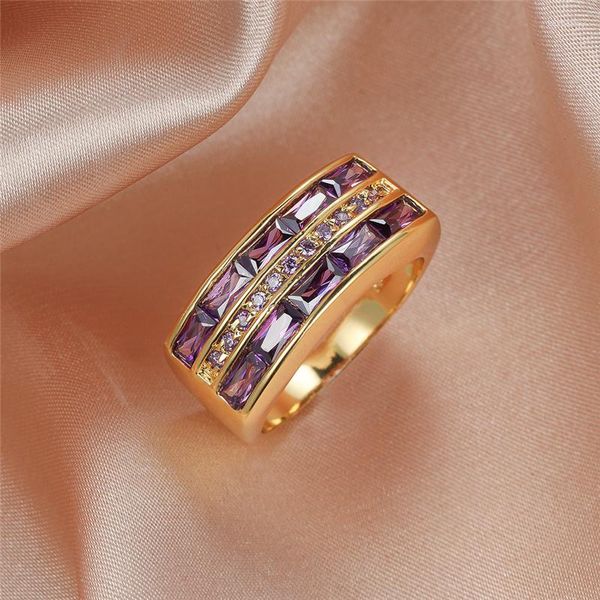 Anneaux de mariage mignon mâle violet cristal pierre anneau 18KT couleur or jaune grand pour hommes luxe carré Zircon fiançailles