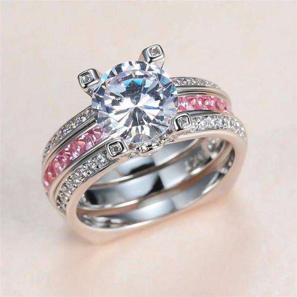 Anneaux de mariage mignon rose anneau ensemble rond blanc Zircon pierre pour les femmes promesse de mariée fiançailles Couple fête bijoux CzWedding