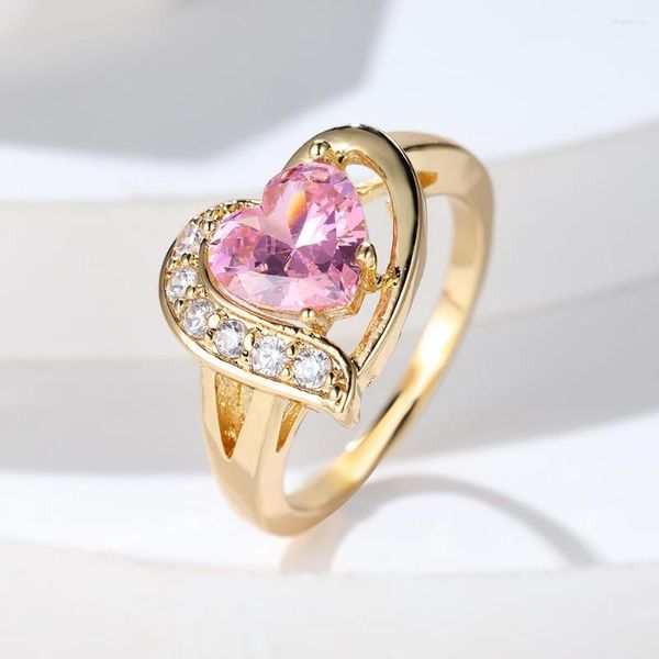 Anneaux de mariage mignon rose Zircon amour coeur pour les femmes couleur or saint valentin bandes de mariée promesse bague de fiançailles bijoux cadeaux