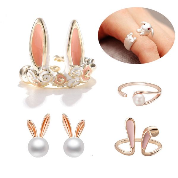 Anillos de boda Lindo Oreja de Conejo Para Mujer Chica Abierto Ajustable Animal Dulce Rosa Esmalte Conejito Dedo Accesorios Regalo de Joyería de Pascua 230505