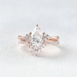 Anneaux de mariage CxsJeremy 1.5ct poire coupe 6 9mm bague de fiançailles ensemble 14K or rose grappe empilable bande incurvée cadeau pour les femmes 230607