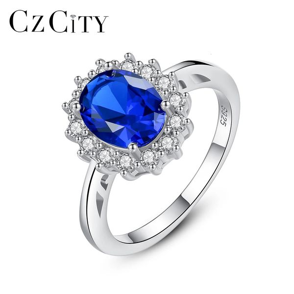 Anillos de boda Czcity Synthetic Gemstone Sapphire 925 Sterling Silver Rings para mujeres Diana Princesa Boda de boda Weddal Joyería Fina 231219