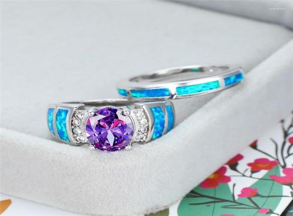 Anillos de boda Dainty Blue Opal Anillo Conjuntos de lujo Mujer Púrpura Oval Cristal Clásico Zircon Plata Color Compromiso para Mujeres2019068