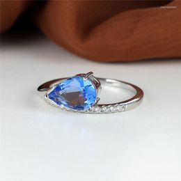 Anillos de boda, anillo fino de Color plateado delicado, piedra de gota de agua de circón azul, compromiso de cristal de lujo para mujer, joyería para mujer