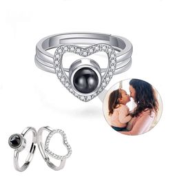 Anneaux de mariage Dascusto Heart Ring Projection personnalisée Po Couples personnalisés Photo Bijoux 2PC réglable pour les femmes 231130