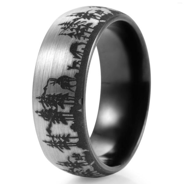 Anillos de boda Familia de ciervos Escena de caza Cúpula Anillo de tungsteno negro Montañas Bosque Paisaje Hombres Promesa grabada