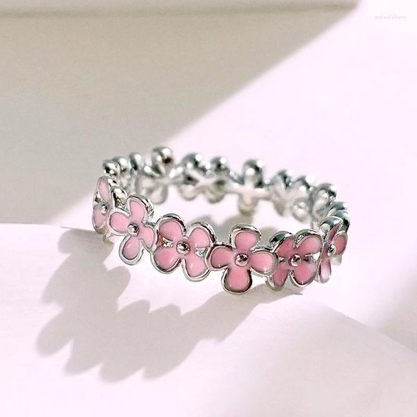 Anillos de boda Delicado anillo de flor de cerezo Esmalte rosa Bandas lindas Gel de goteo para mujeres Color plata Compromiso Joyería de San Valentín