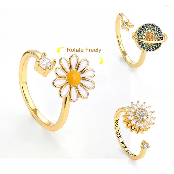 Anneaux de mariage délicat CZ Tournesol Daisy Planet Spinner pour les femmes tournent librement anti-stress anxiété anneau bijoux de fête cadeaux d'anniversaire