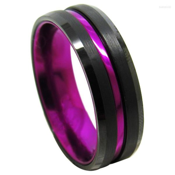 Anneaux de mariage Design 6/8mm Largeur Hommes Plaqué Violet Carbure de Tungstène Noir Rainuré Centre Fini Mat Taille 6-12