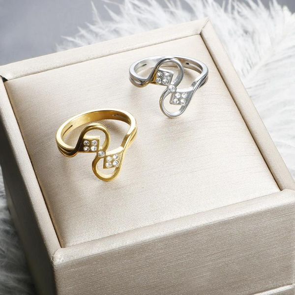 Anillos de boda Diseño Línea geométrica Pareja con piedra 18k Chapado en oro Joyería de lujo de acero inoxidable a prueba de agua para mujeres Regalo de fiesta