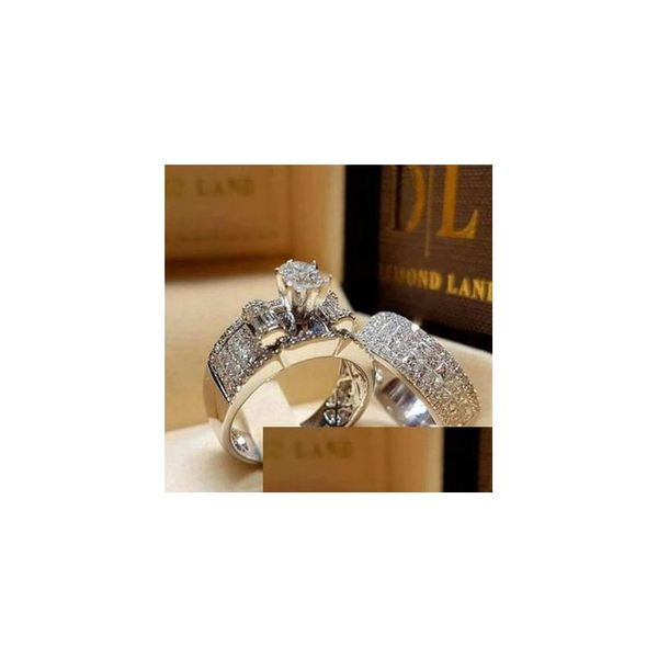 Anillos de boda Conjuntos de anillos de combinación de diamantes Compromiso Banda para nudillos para mujer Joyería de moda Regalo Entrega directa Dhnvs