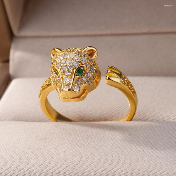 Anillos de boda de leopardo dominante para mujer, incrustaciones de Color dorado y plateado, bandas ajustables de circón verde blanco, anillo de dedo índice Hiphop