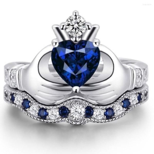 Anillos de boda Dorvey Fashion Kingdom Doble capa Corazón azul Corona Corazones Anillo de mano Sosteniendo joyería al por mayor para mujeres Accesorios