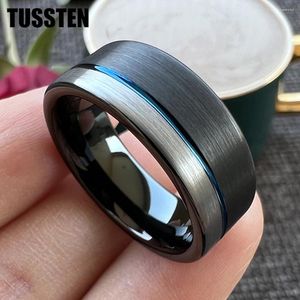 Trouwringen Drop TUSSTEN 8MM Zwart Blauw Band Mannen Vrouwen Wolfraamcarbide Ring Offset Gegroefd Geborsteld Comfort Fit