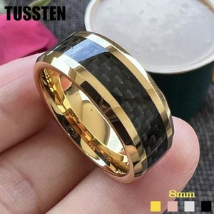 Anneaux de mariage Drop TUSSTEN 8MM Bague en fibre de carbone noire Bande de tungstène classique pour hommes femmes Bords biseautés brillants Confort Fit