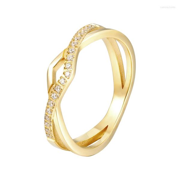 Anillos de boda elegante doble línea cruz uno CNC con incrustaciones de circón anillo titanio acero alto joyería pulida color oro mujer amor regalo