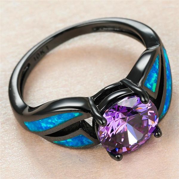 Anneaux de mariage élégant femme violet rond cristal bague charme 14kt or noir pour les femmes promettent des fiançailles en pierre opale bleue