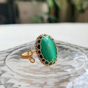 Trouwringen Elegante Echte Natuurlijke Malachiet Steen Voor Vrouwen Gouden Draad Gewikkeld Groene Cabochon Charm Open Manchet Vinger Ring Reiki