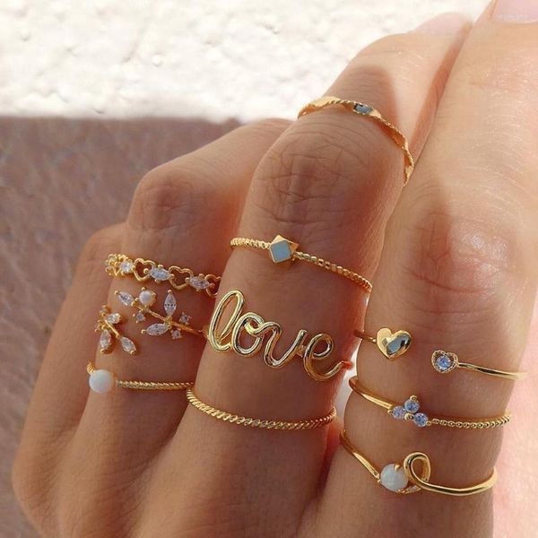 Anneaux de mariage EN mode creux amour coeur anneau ensemble pour les femmes Vintage brillant cristal doigt charme fête bijoux cadeau