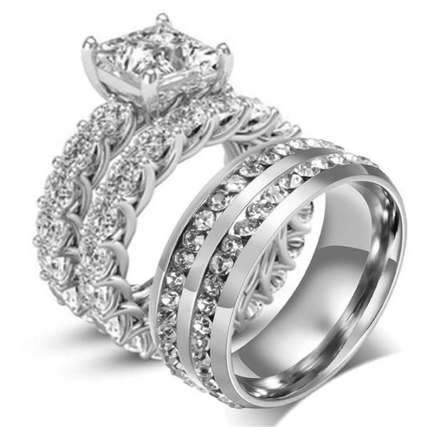 Anneaux de mariage Bague de fiançailles Ensembles en acier inoxydable CZ Zircon cubique carré et rond Couple ethnique279C