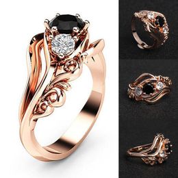 Bagues De Mariage Fiançailles Zircon Incrusté De Fleur Creuse Mariée Strass Noir Rose Bague Dorée Saint Valentin Cadeau Taille 6 7 8 9 10 Mariage